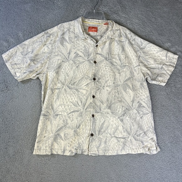Tommy Bahama Shirt Mens XL Beige‎ Silk Palm Trees Hawaiian Beach Island Tropical - Picture 1 of 6